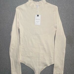 PINKMSTYLE Womens Ruffle Neck Long Sleeve Bodysuit Cream Size Medium